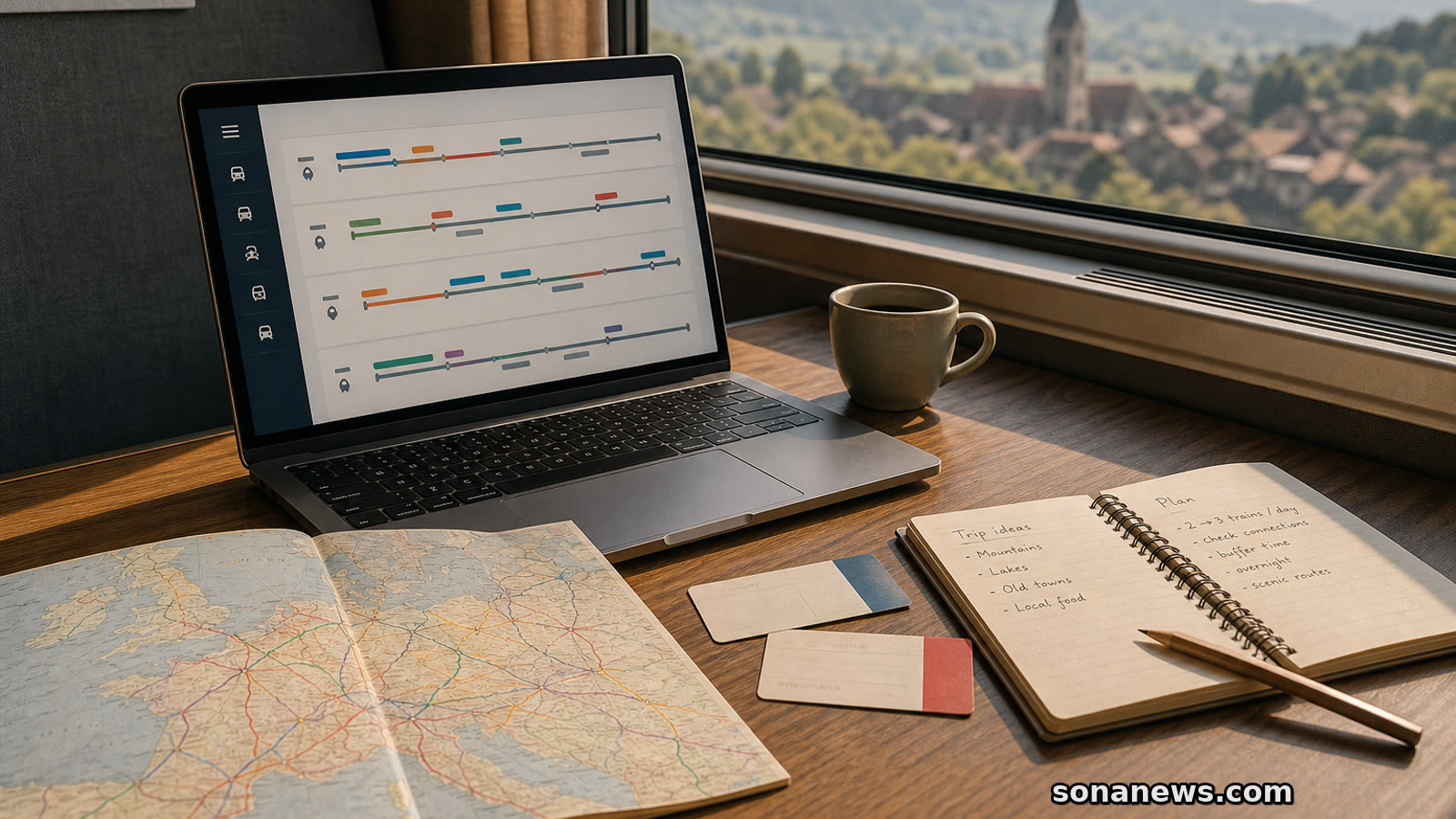 Sunlit rail booking desk with a Europe train map and laptop checklist for missed connection planning.