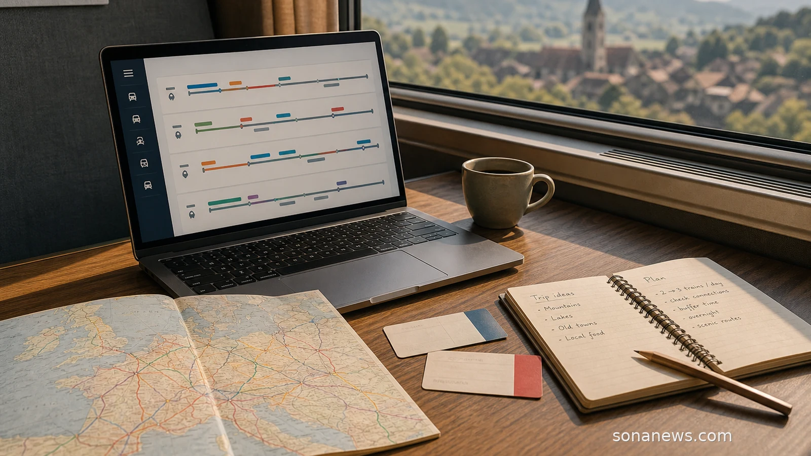 Sunlit rail booking desk with a Europe train map and laptop checklist for missed connection planning.