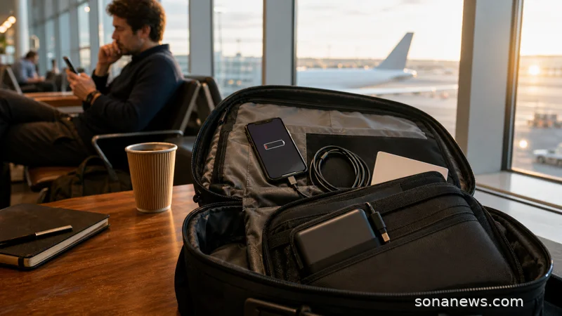 Open carry-on bag in an airport lounge with a visible power bank for flight packing rules.