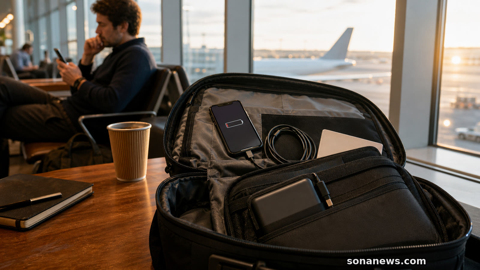 Open carry-on bag in an airport lounge with a visible power bank for flight packing rules.