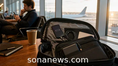 Open carry-on bag in an airport lounge with a visible power bank for flight packing rules.