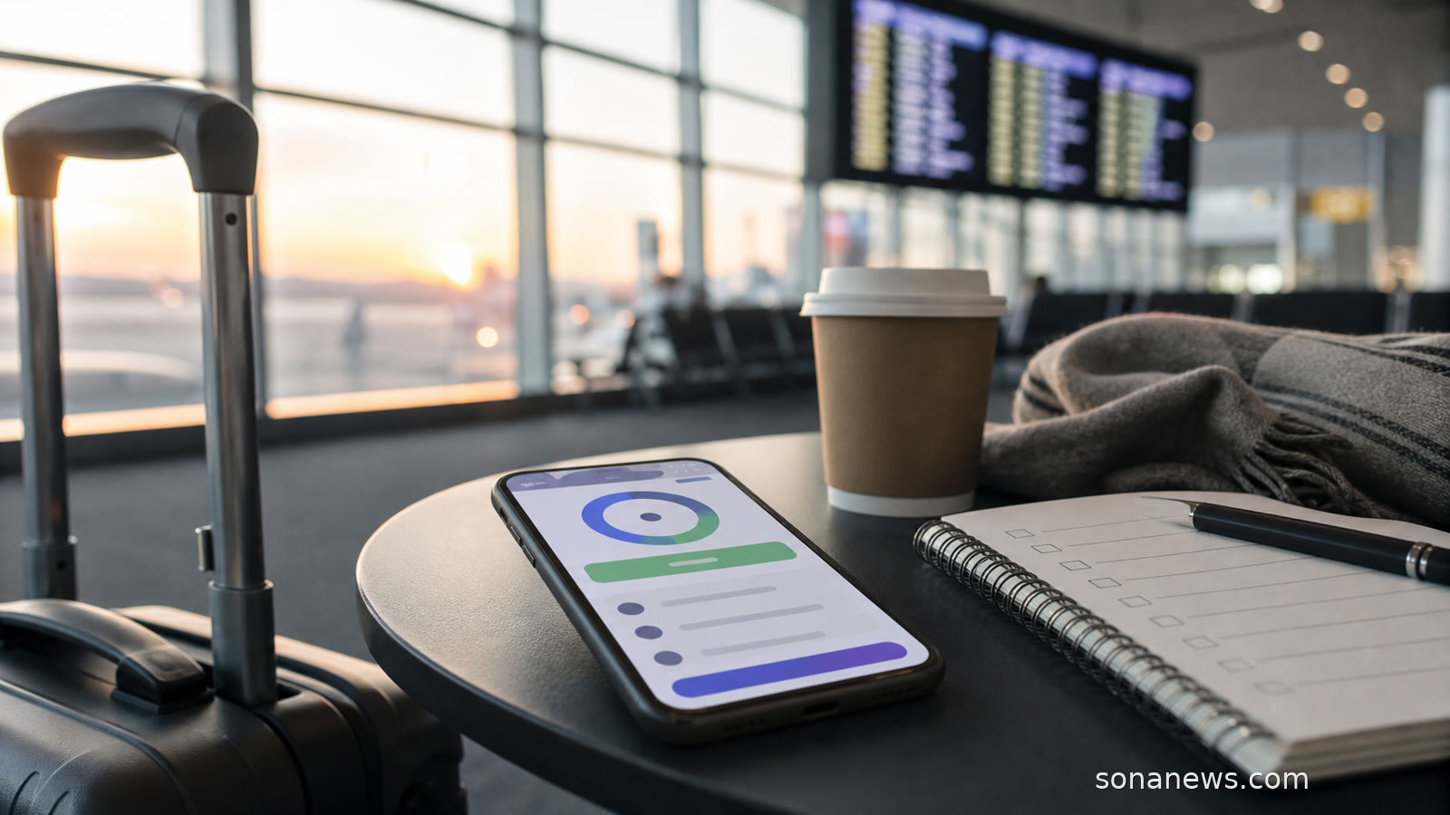 Airport table with a suitcase, phone refund screen and notebook for airline refund planning.