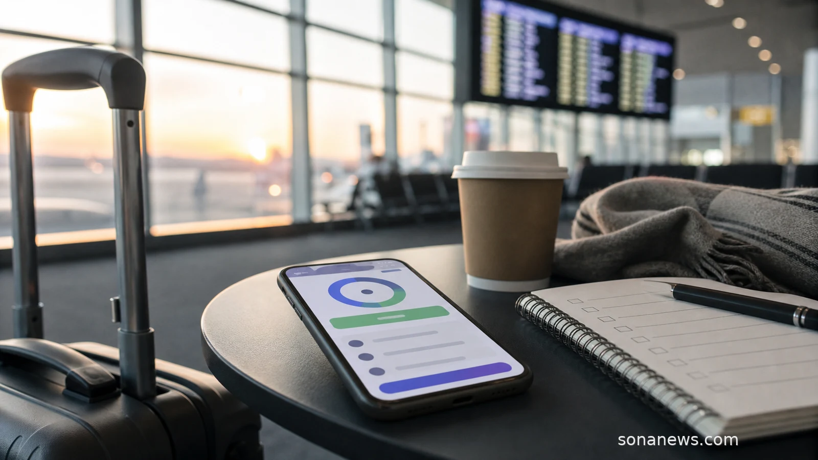 Airport table with a suitcase, phone refund screen and notebook for airline refund planning.