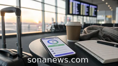 Airport table with a suitcase, phone refund screen and notebook for airline refund planning.