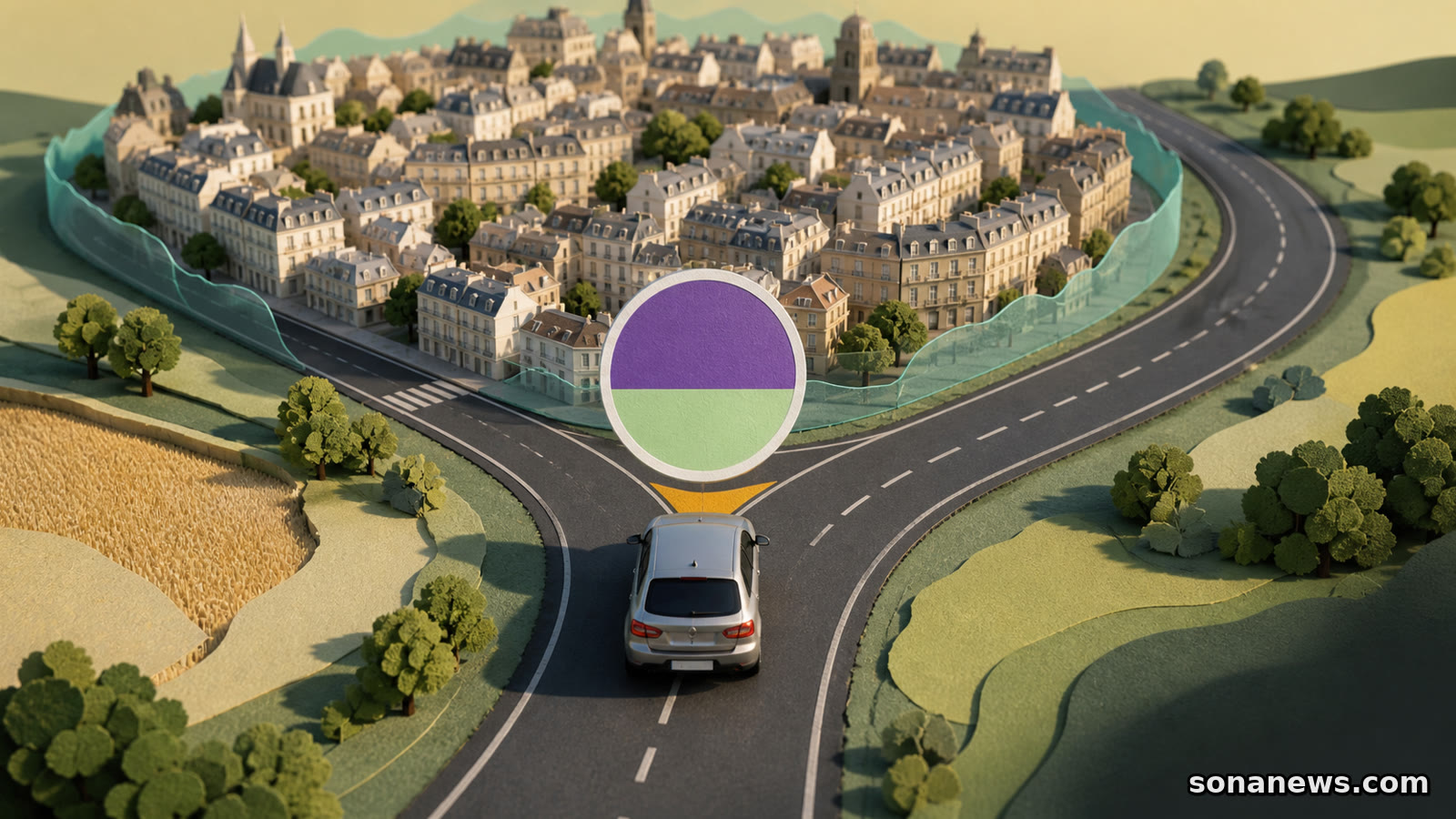 Symbolic clean-air marker faces a car where roads split around a stylised French city zone.