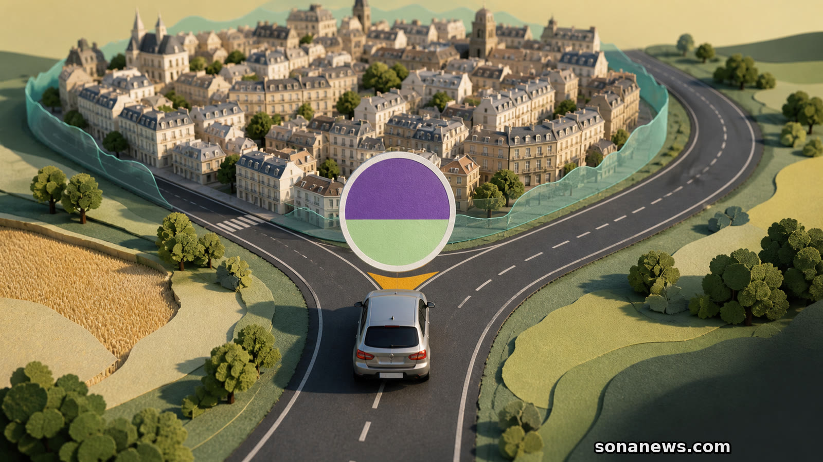 Symbolic clean-air marker faces a car where roads split around a stylised French city zone.