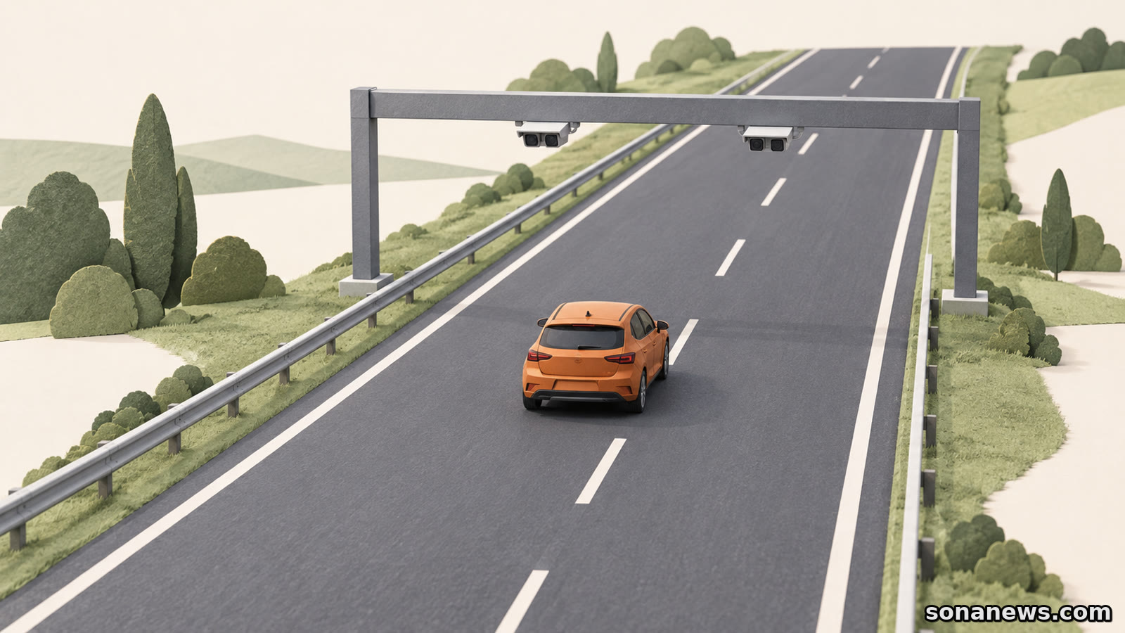 Conceptual illustration of a car passing beneath a free-flow toll gantry on a French motorway without payment booths.