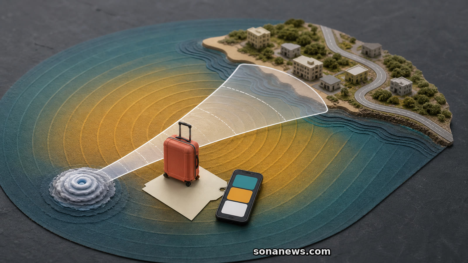 Coral suitcase stands outside a white hurricane forecast cone but inside a wider hazard field beside a coastal route.