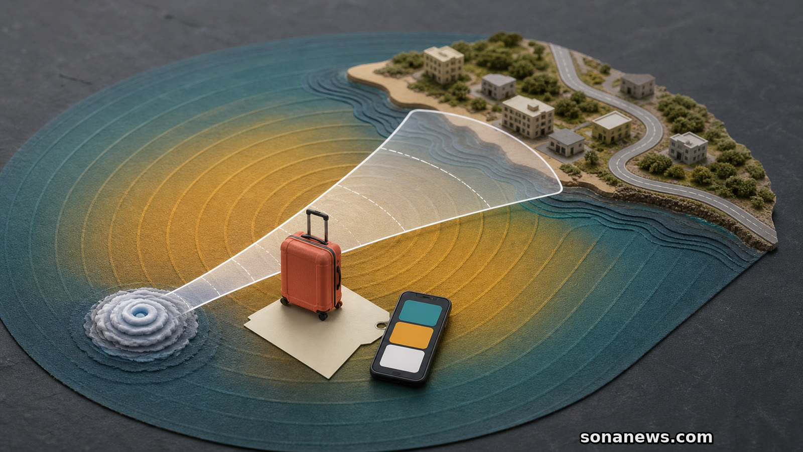 Coral suitcase stands outside a white hurricane forecast cone but inside a wider hazard field beside a coastal route.