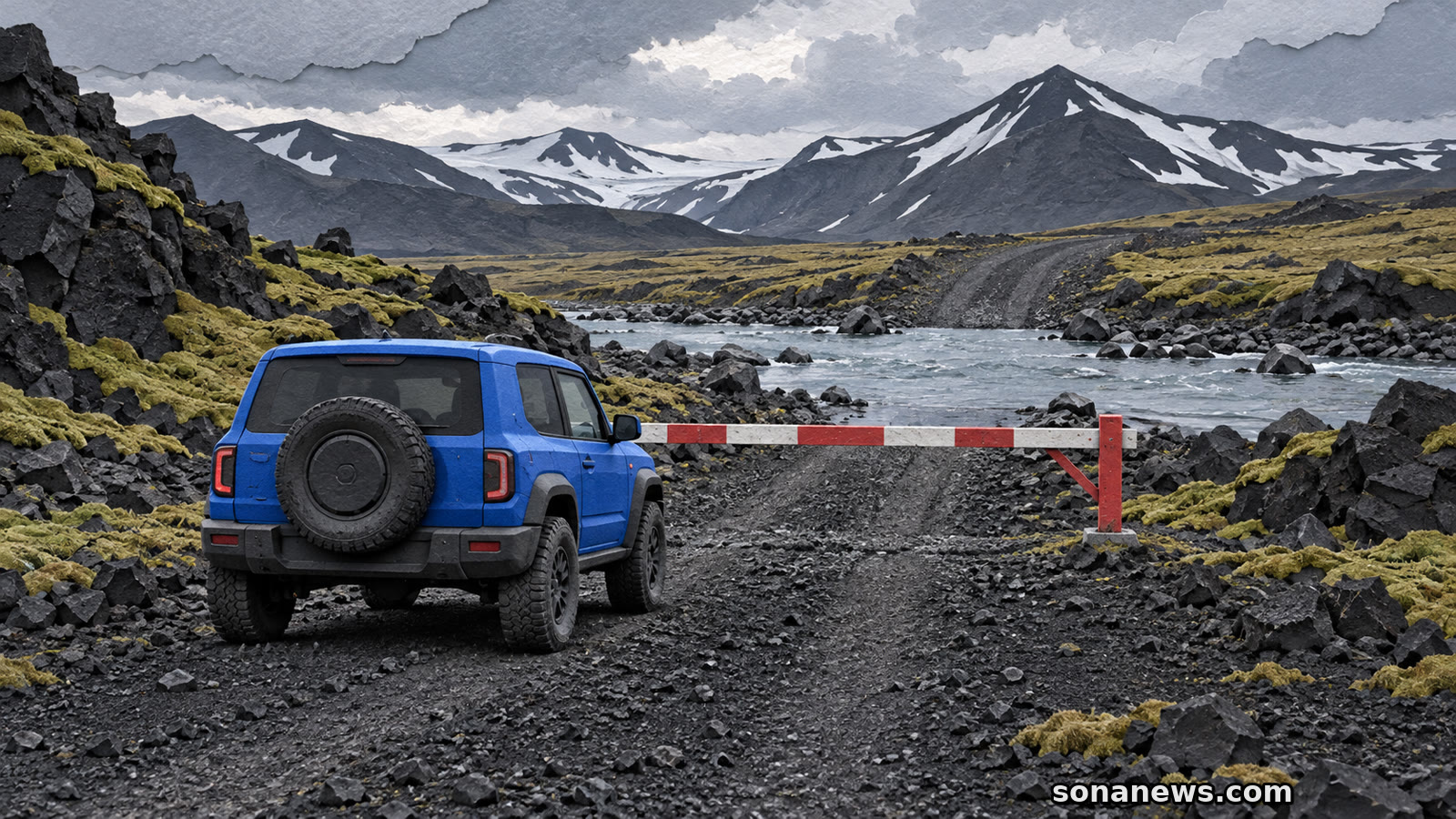 Illustrated blue 4x4 stopped at a barrier before an Iceland highland F-road and glacial river crossing.