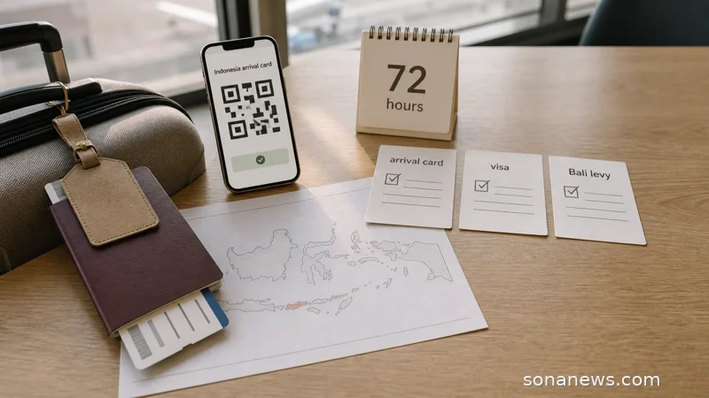 Airport planning desk with passport, Indonesia map, 72-hour card and phone showing a generic arrival-card QR code.