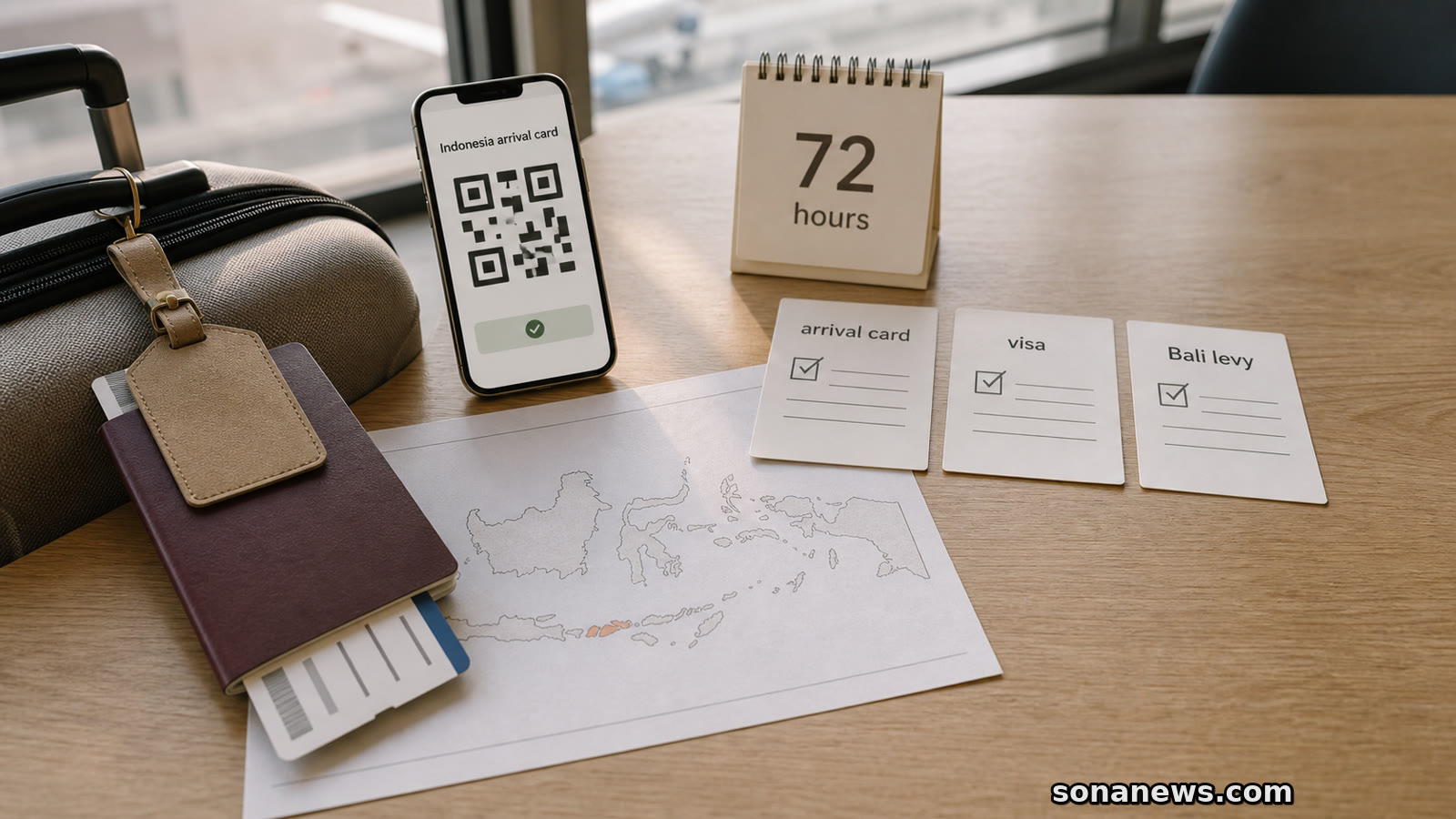 Airport planning desk with passport, Indonesia map, 72-hour card and phone showing a generic arrival-card QR code.