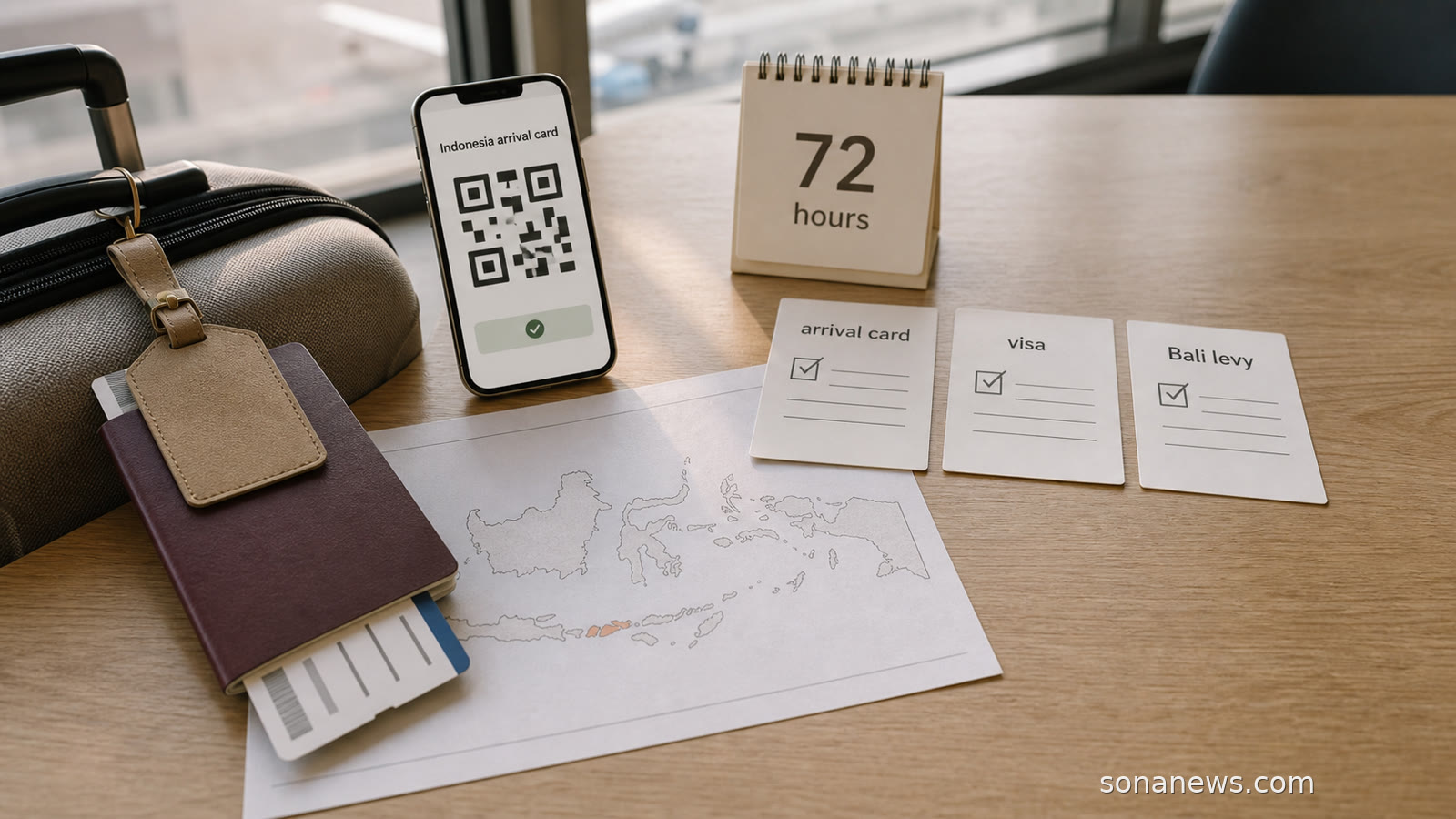 Airport planning desk with passport, Indonesia map, 72-hour card and phone showing a generic arrival-card QR code.