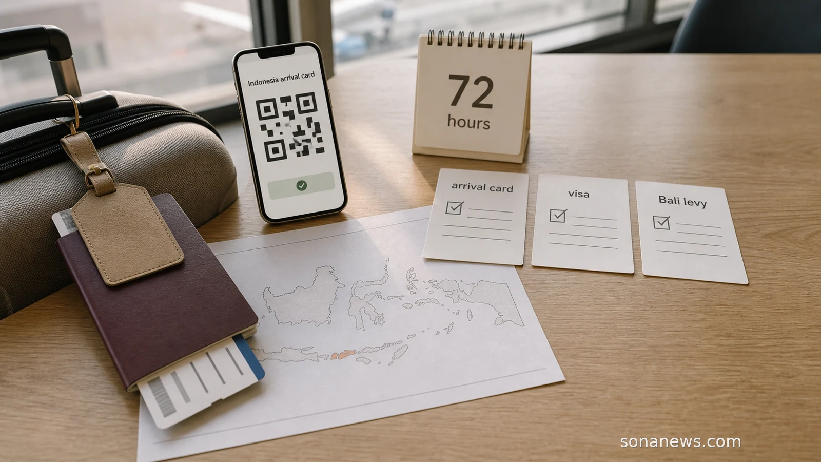 Airport planning desk with passport, Indonesia map, 72-hour card and phone showing a generic arrival-card QR code.