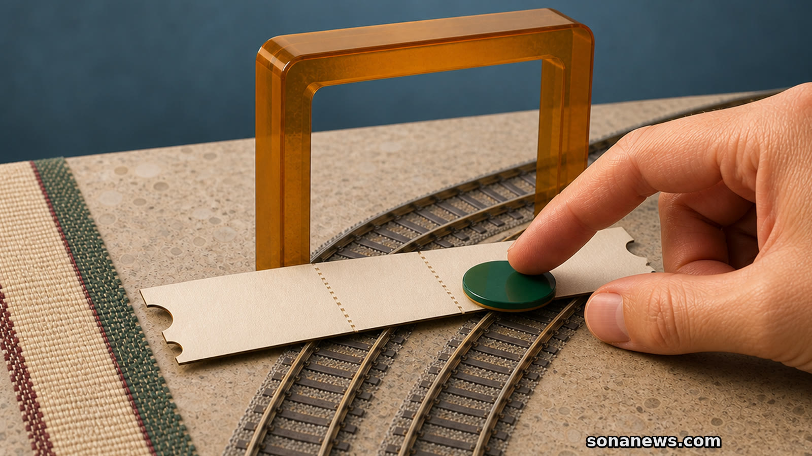 A hand checks one blank Italian rail journey segment over branching tracks beneath an amber inspection frame.
