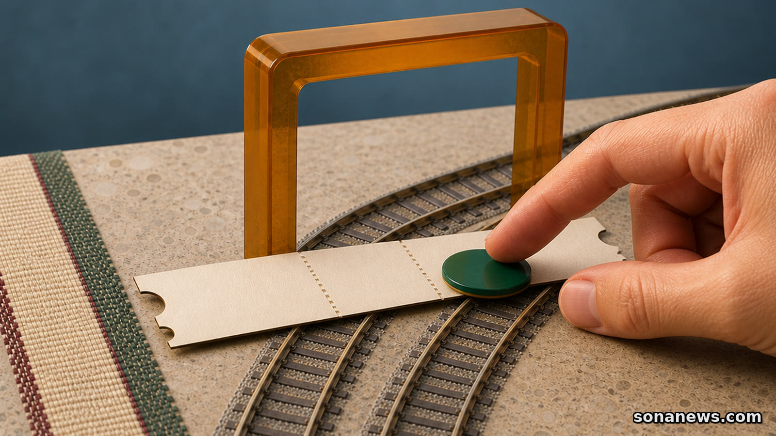 A hand checks one blank Italian rail journey segment over branching tracks beneath an amber inspection frame.