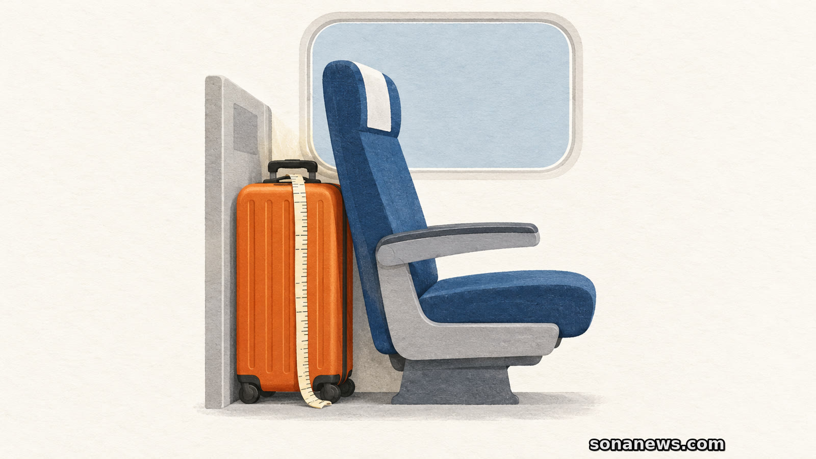 Conceptual illustration of a measured suitcase in the space behind a train seat, representing Japan’s Shinkansen oversized-baggage reservation.