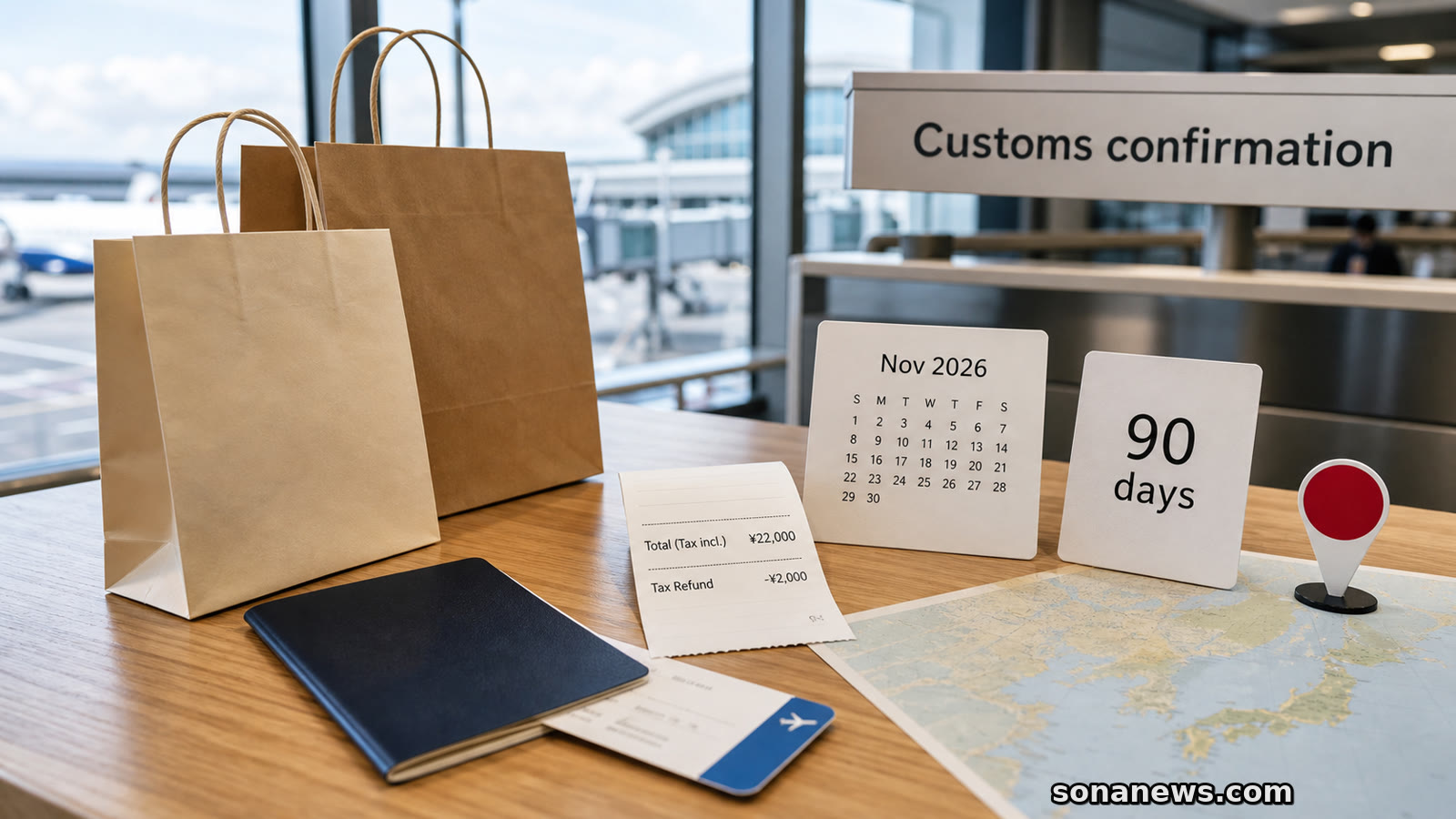Airport departure desk with Japan tax-free shopping receipt, passport, refund cards and customs confirmation sign.