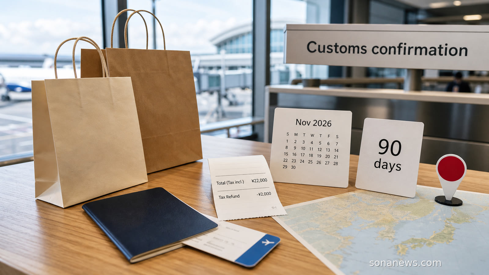 Airport departure desk with Japan tax-free shopping receipt, passport, refund cards and customs confirmation sign.