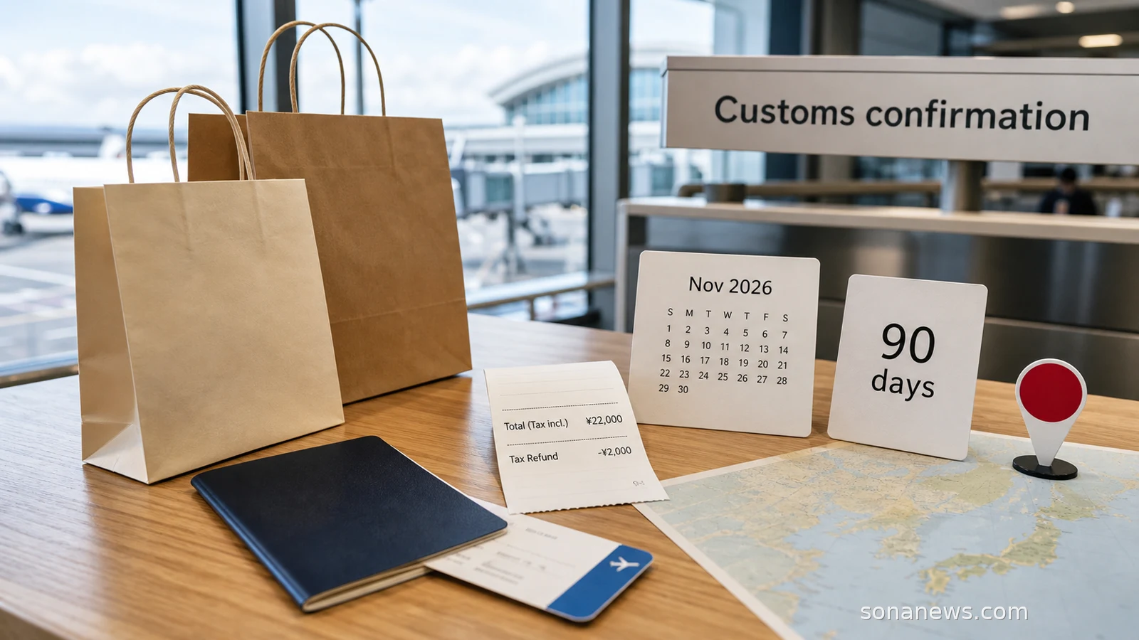 Airport departure desk with Japan tax-free shopping receipt, passport, refund cards and customs confirmation sign.