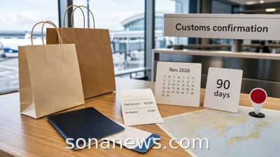 Airport departure desk with Japan tax-free shopping receipt, passport, refund cards and customs confirmation sign.
