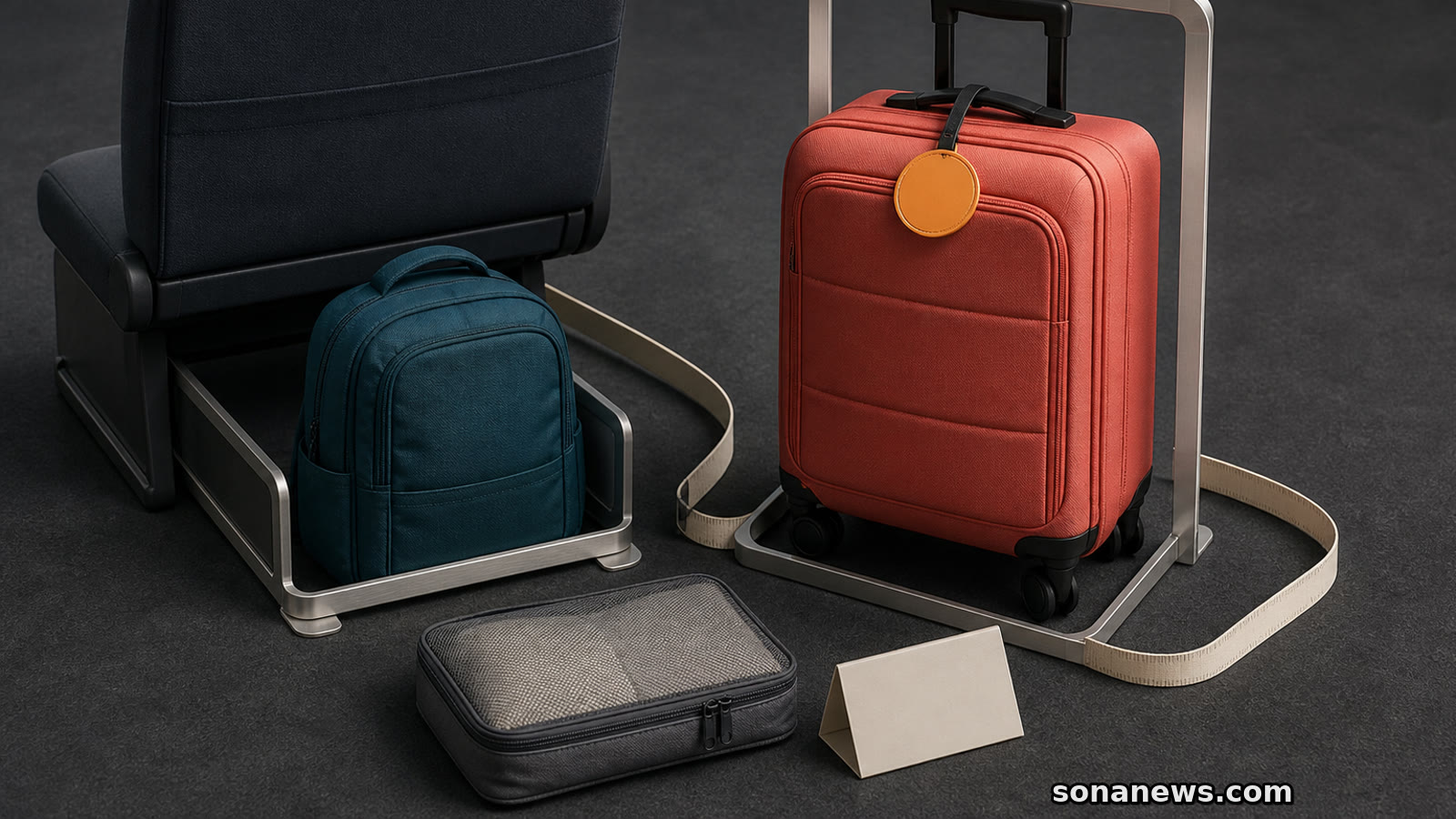 Coral wheelie and teal underseat backpack sit in separate cabin-bag sizing frames with a blank priority token.