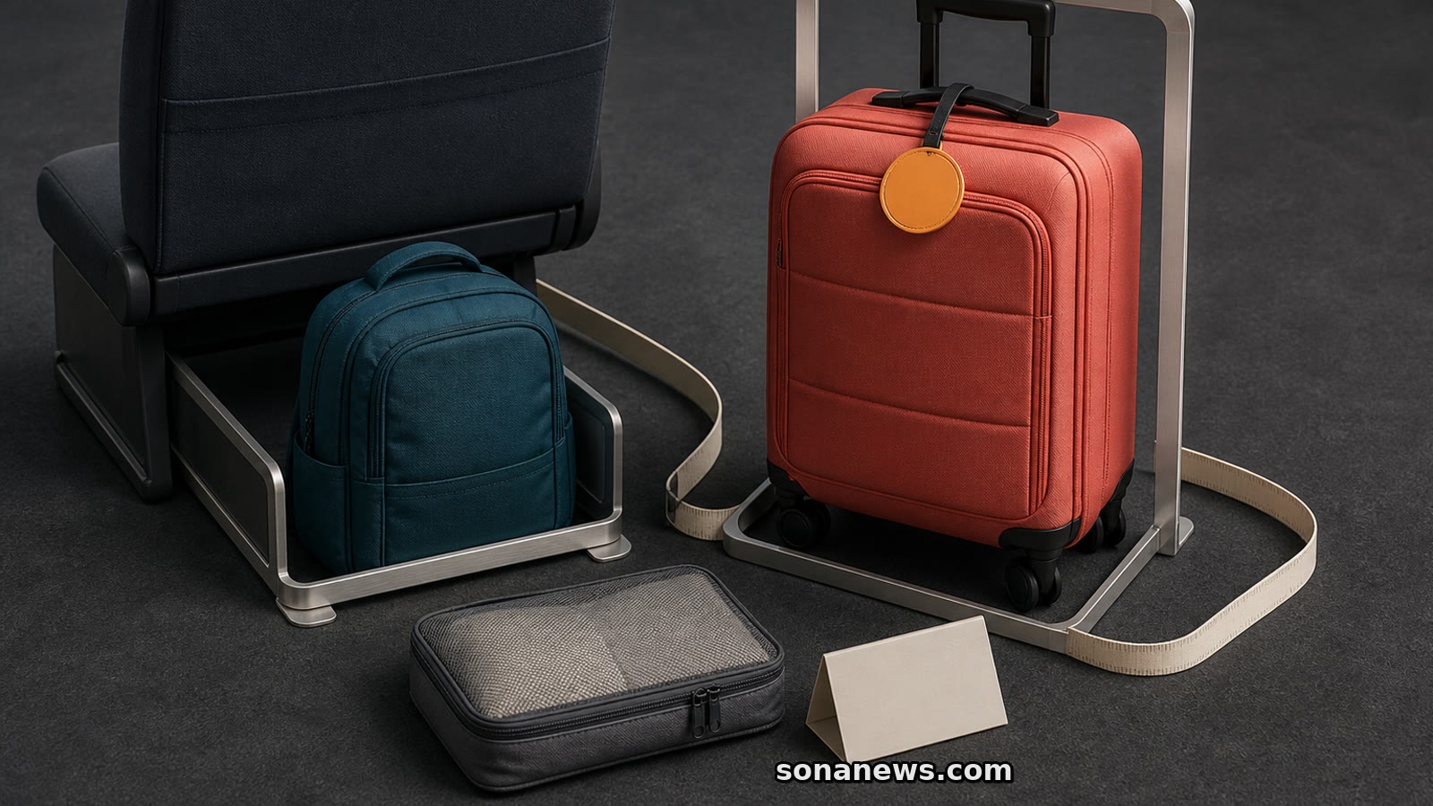Coral wheelie and teal underseat backpack sit in separate cabin-bag sizing frames with a blank priority token.
