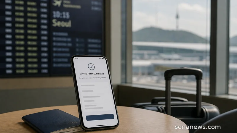 Smartphone arrival form beside a passport and carry-on for a South Korea K-ETA trip.