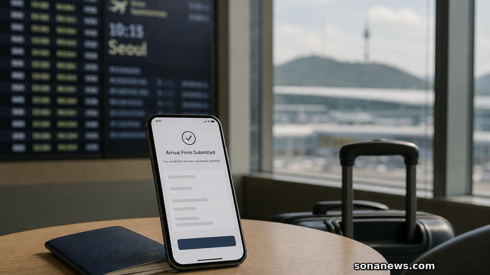 Smartphone arrival form beside a passport and carry-on for a South Korea K-ETA trip.