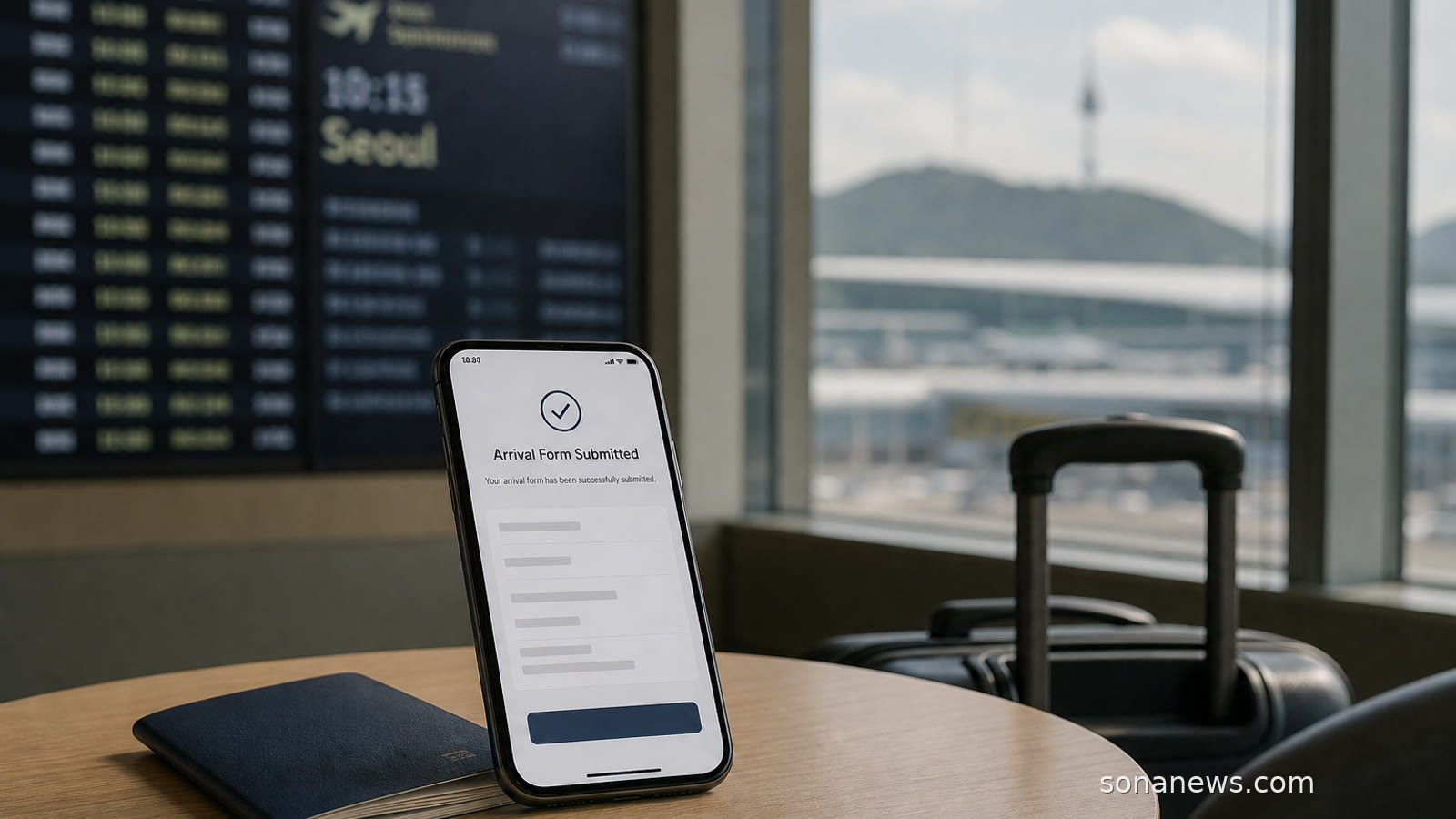 Smartphone arrival form beside a passport and carry-on for a South Korea K-ETA trip.