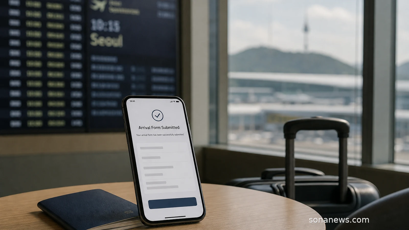 Smartphone arrival form beside a passport and carry-on for a South Korea K-ETA trip.