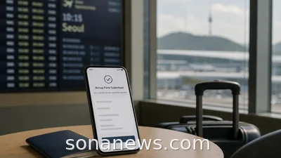 Smartphone arrival form beside a passport and carry-on for a South Korea K-ETA trip.