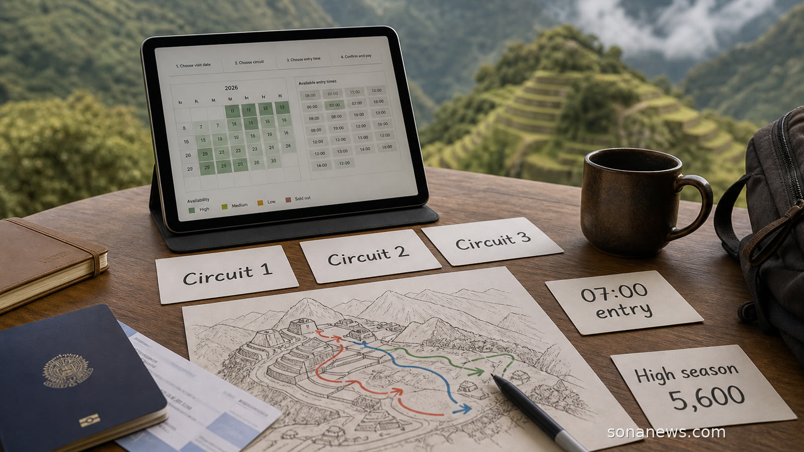 Machu Picchu travel planning table with circuit cards, timed entry note, route map and high-season capacity card.