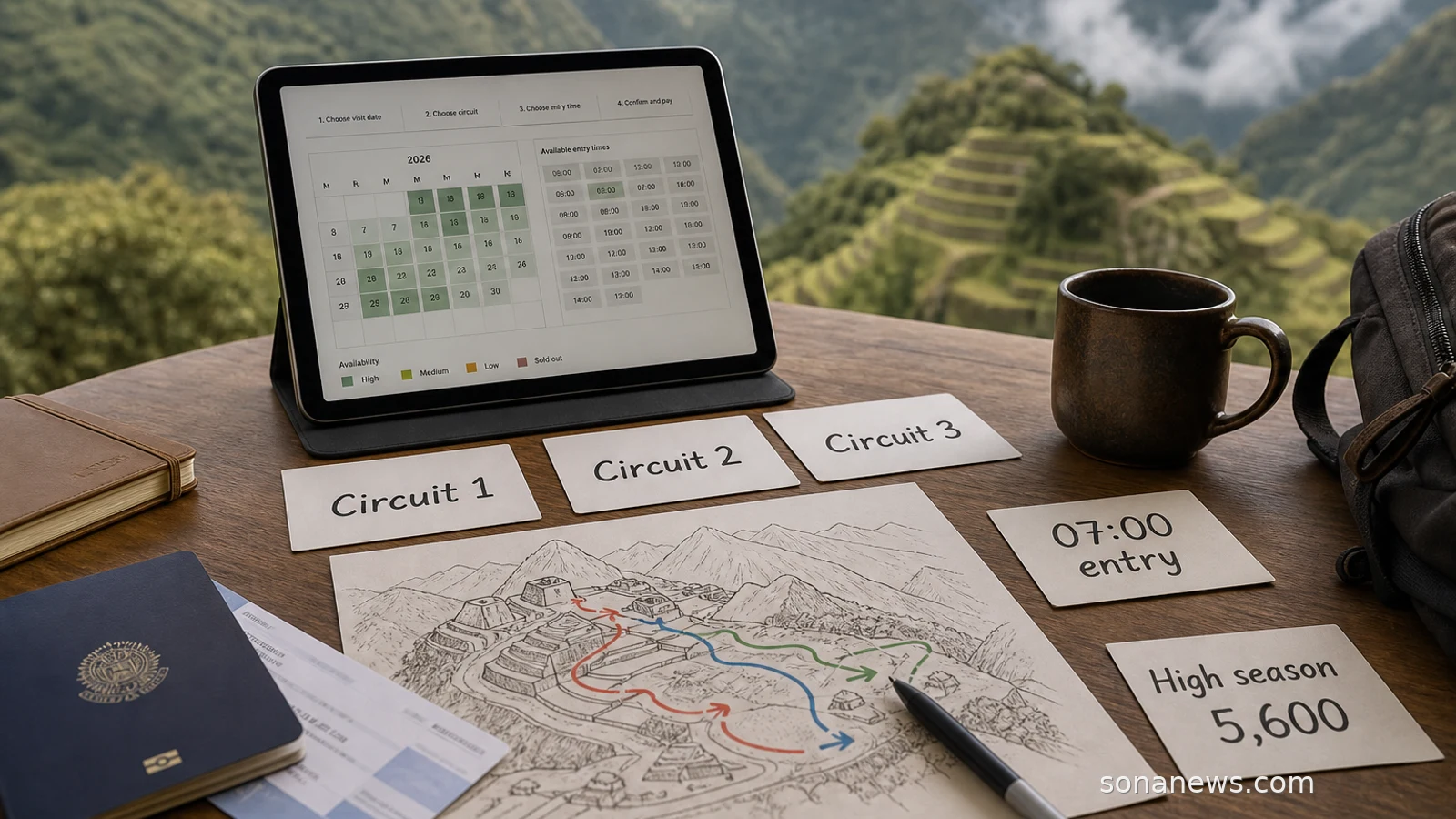 Machu Picchu travel planning table with circuit cards, timed entry note, route map and high-season capacity card.
