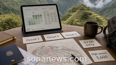 Machu Picchu travel planning table with circuit cards, timed entry note, route map and high-season capacity card.