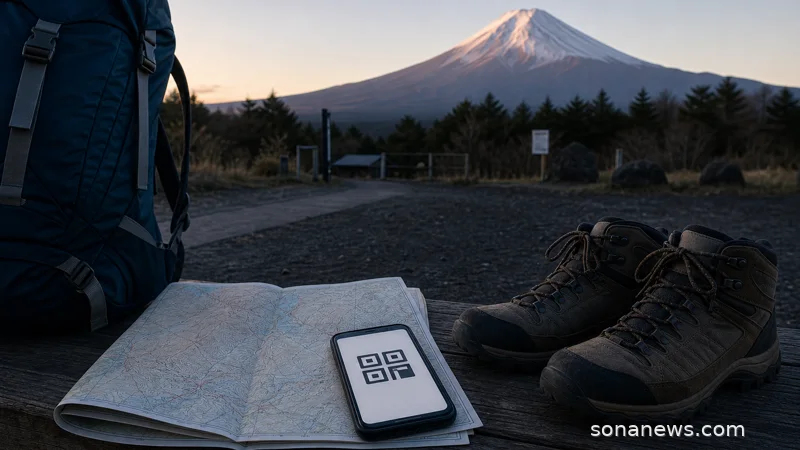 Hiking boots, phone and folded map near a quiet Mount Fuji trailhead, illustrating climbing reservations and pre-trailhead planning.