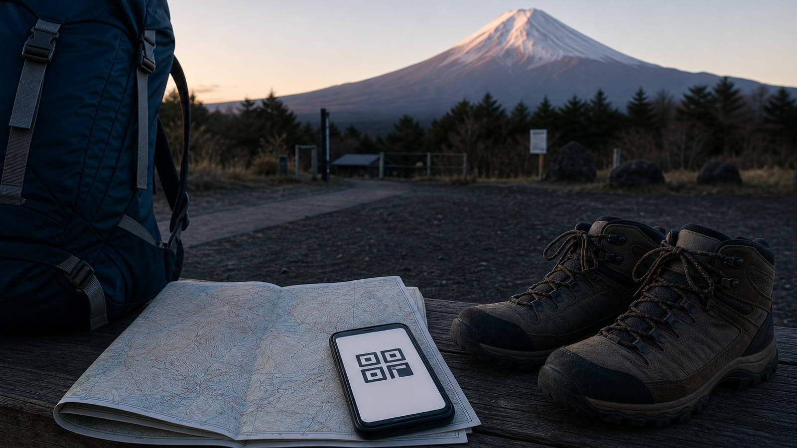 Hiking boots, a phone and a folded map near a quiet mountain trailhead with Mount Fuji in the distance.