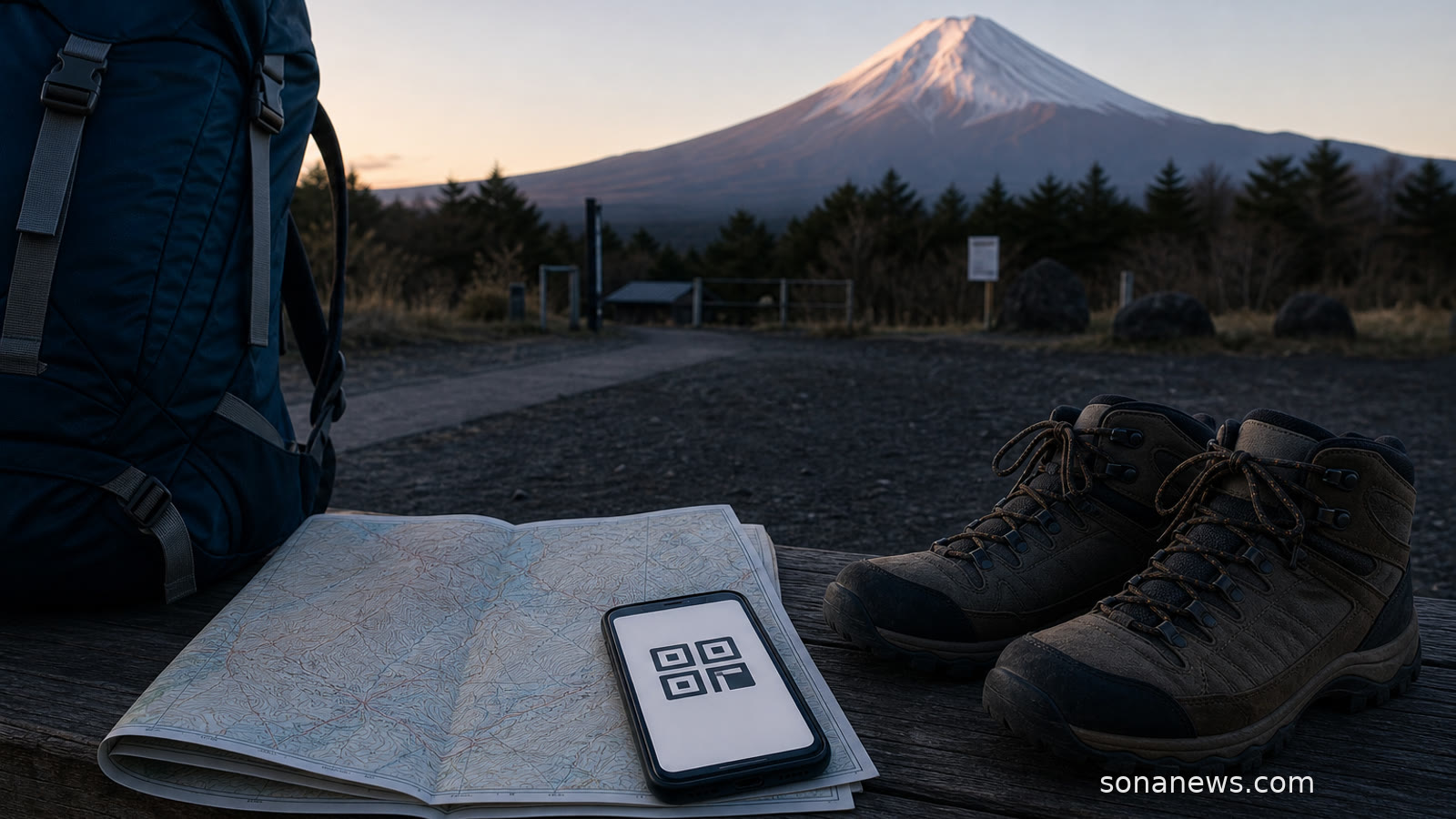 Hiking boots, phone and folded map near a quiet Mount Fuji trailhead, illustrating climbing reservations and pre-trailhead planning.