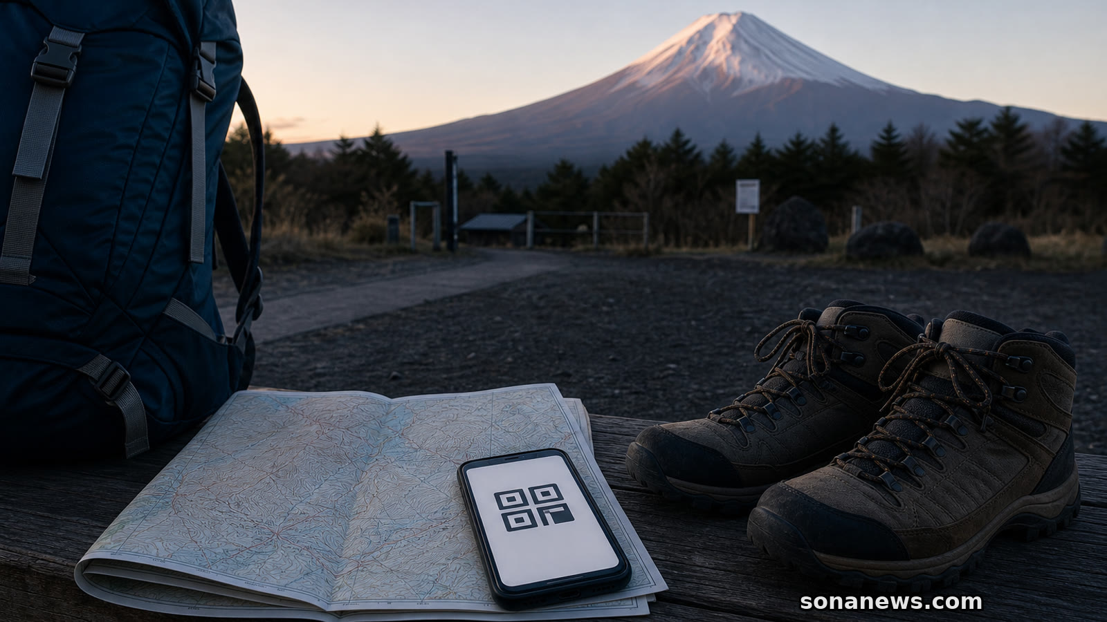 Hiking boots, phone and folded map near a quiet Mount Fuji trailhead, illustrating climbing reservations and pre-trailhead planning.