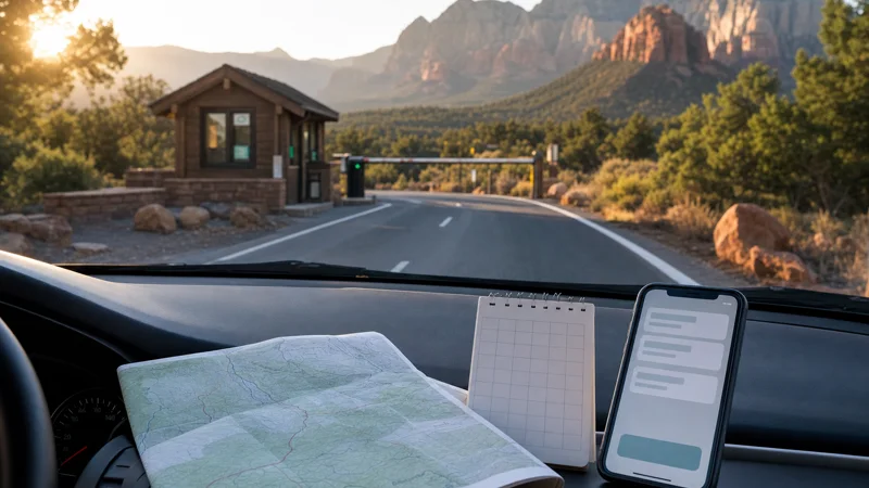 A folded map and phone on a car dashboard near a generic national park entrance road.