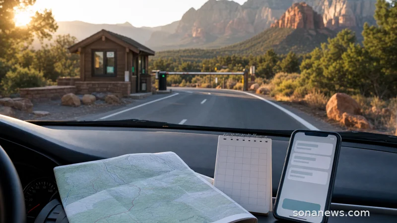 Folded map and phone on a car dashboard near a national park entrance road, illustrating U.S. national park access planning.