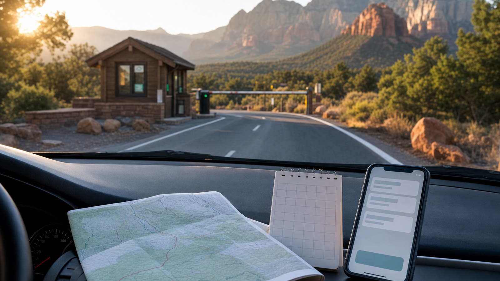 A folded map and phone on a car dashboard near a generic national park entrance road.