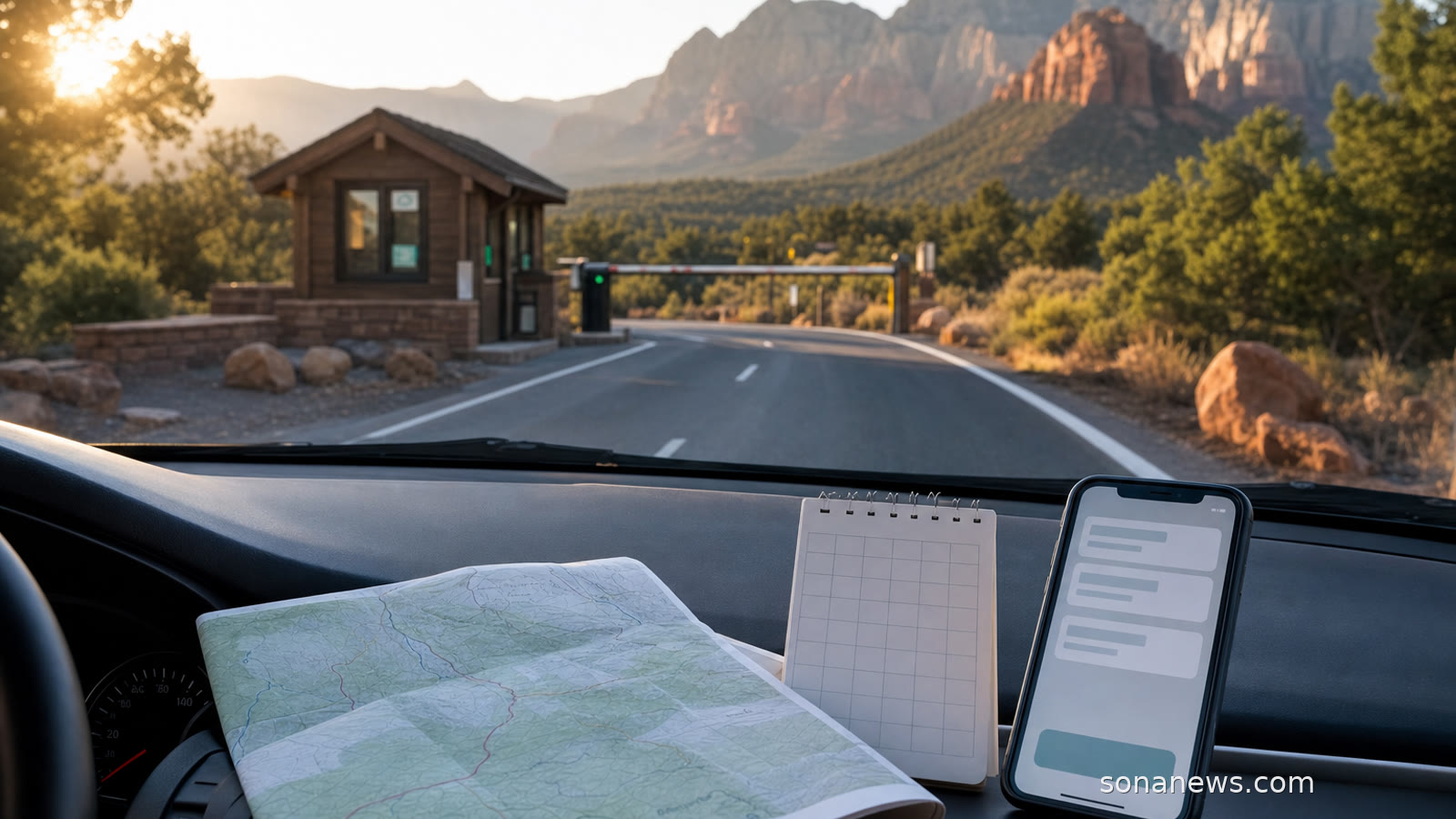 Folded map and phone on a car dashboard near a national park entrance road, illustrating U.S. national park access planning.