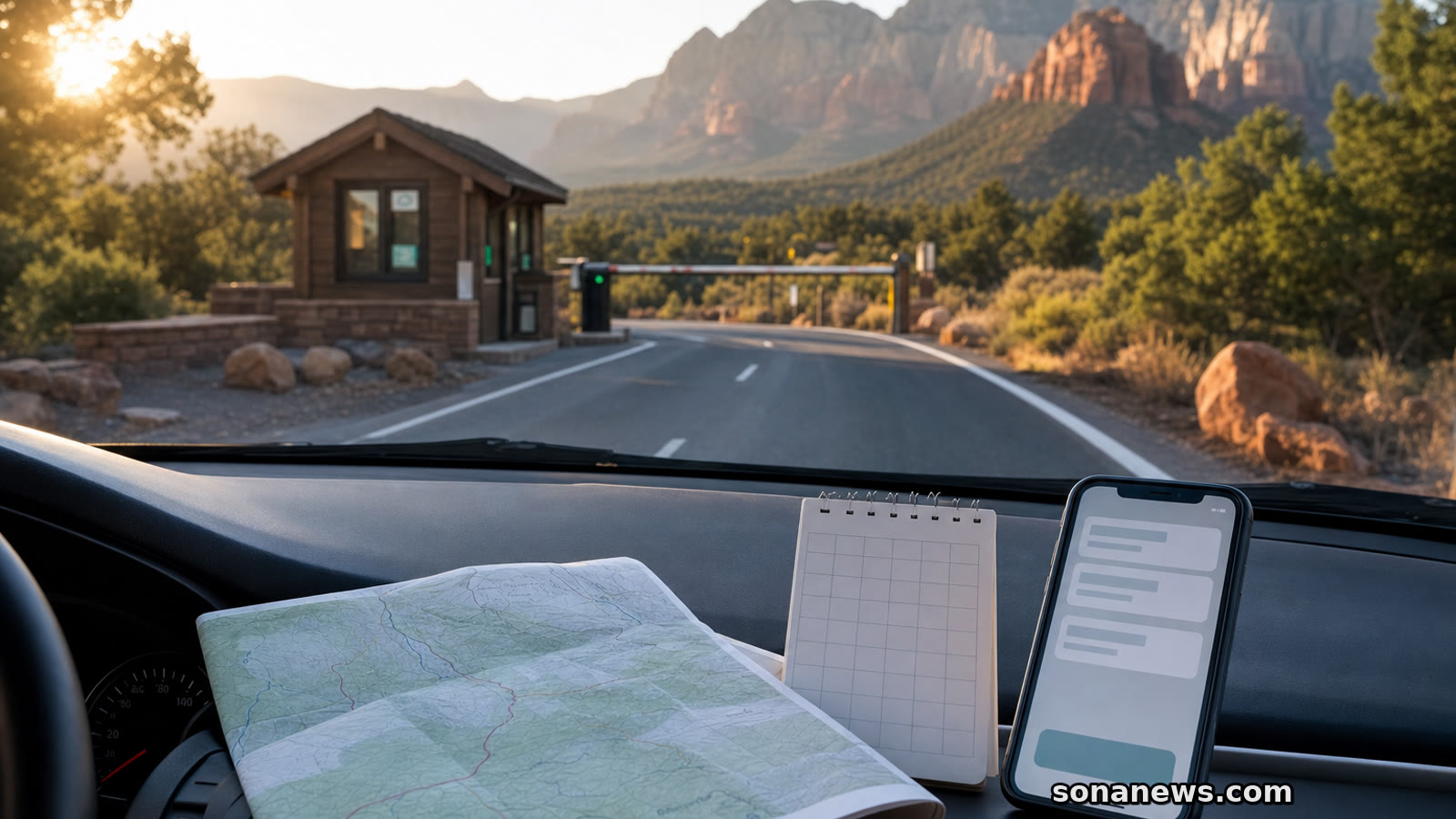 Folded map and phone on a car dashboard near a national park entrance road, illustrating U.S. national park access planning.