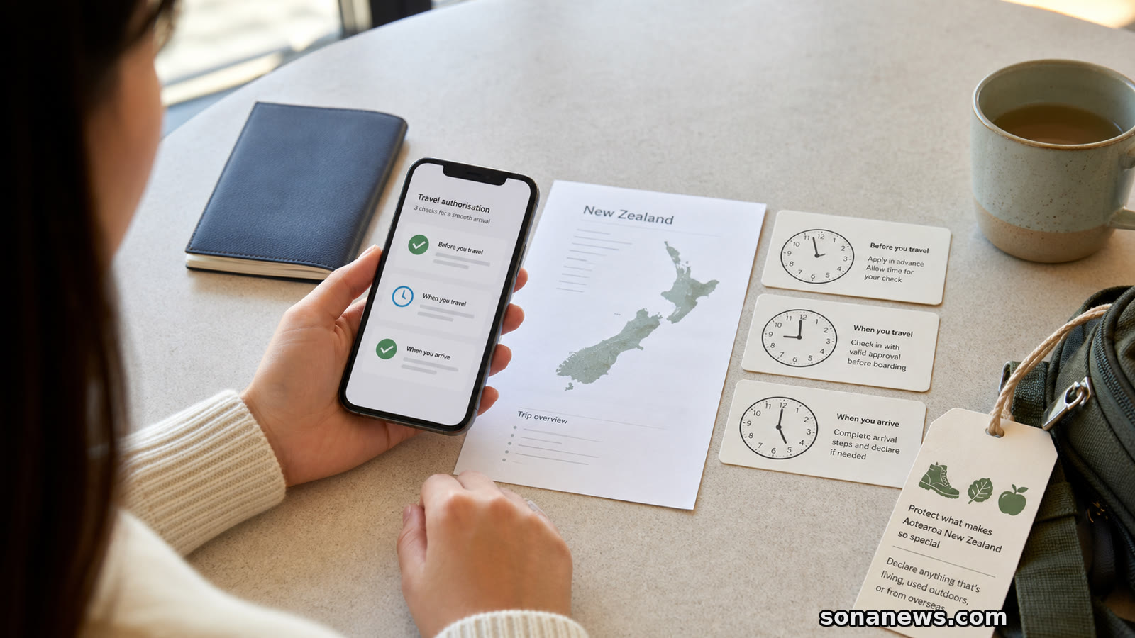 Airport planning table with passport, New Zealand map, clock cards and biosecurity icons for entry paperwork.