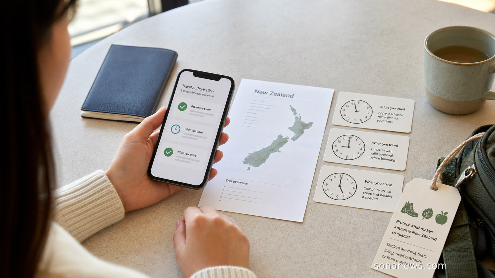 Airport planning table with passport, New Zealand map, clock cards and biosecurity icons for entry paperwork.