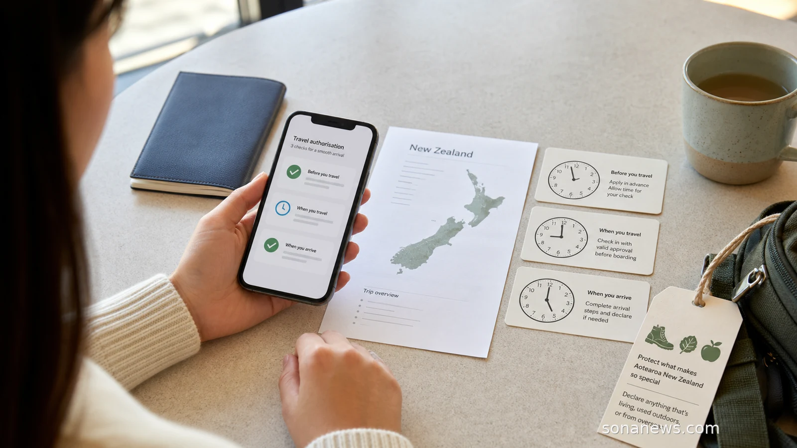 Airport planning table with passport, New Zealand map, clock cards and biosecurity icons for entry paperwork.