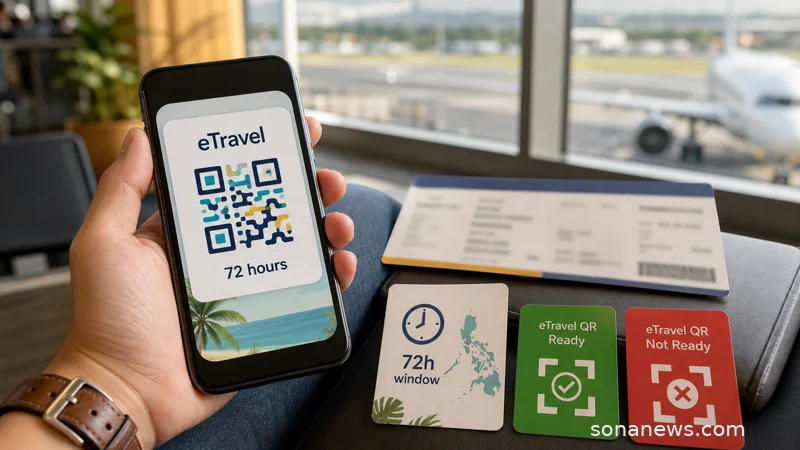 Airport gate phone showing a stylised Philippines eTravel QR card, 72-hour countdown and boarding papers.