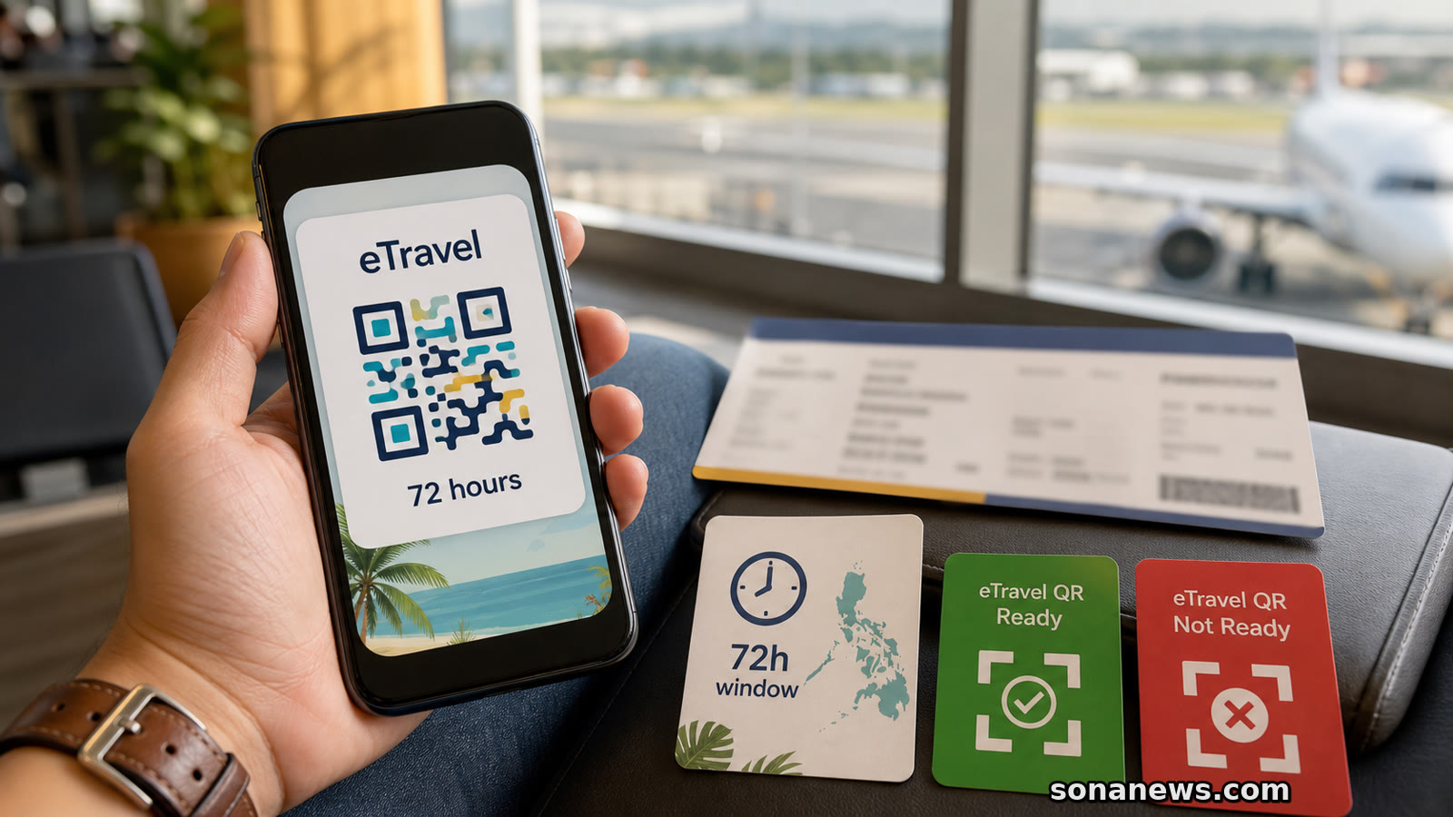 Airport gate phone showing a stylised Philippines eTravel QR card, 72-hour countdown and boarding papers.