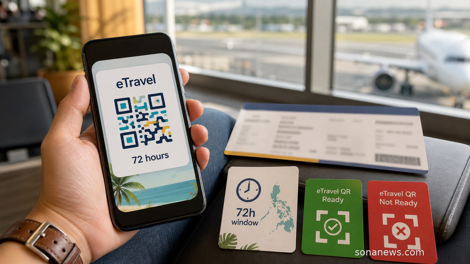 Airport gate phone showing a stylised Philippines eTravel QR card, 72-hour countdown and boarding papers.